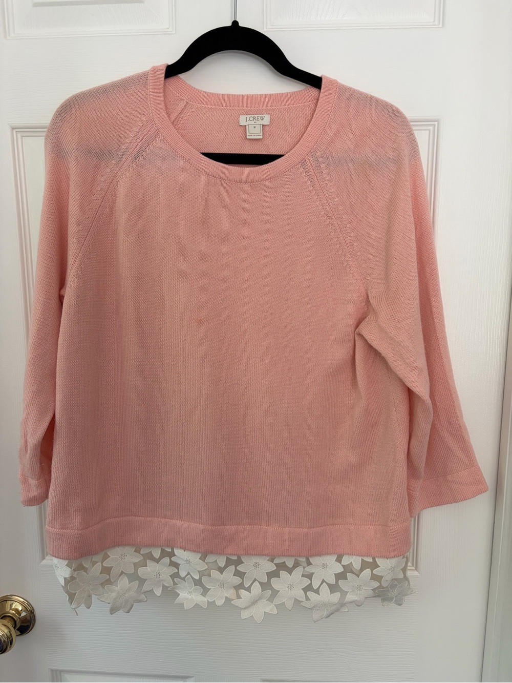 J. Crew Pink Crewneck Sweater with Floral Lace Hem